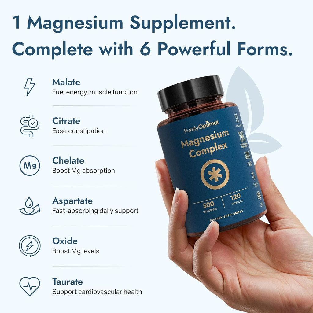 Magnesium Complex - 6 Forms Magnesium Glycinate, Citrate & Malate - Sleep Support, Stress Relief, Muscles, Heart Health & Relaxation - Magnesium Supplement for Women & Men, 120 Caps