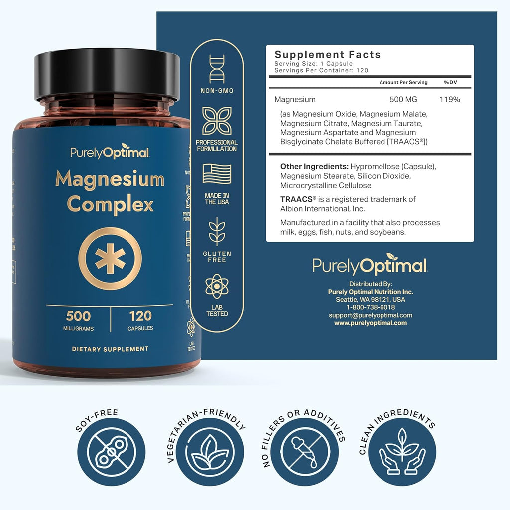 Magnesium Complex - 6 Forms Magnesium Glycinate, Citrate & Malate - Sleep Support, Stress Relief, Muscles, Heart Health & Relaxation - Magnesium Supplement for Women & Men, 120 Caps