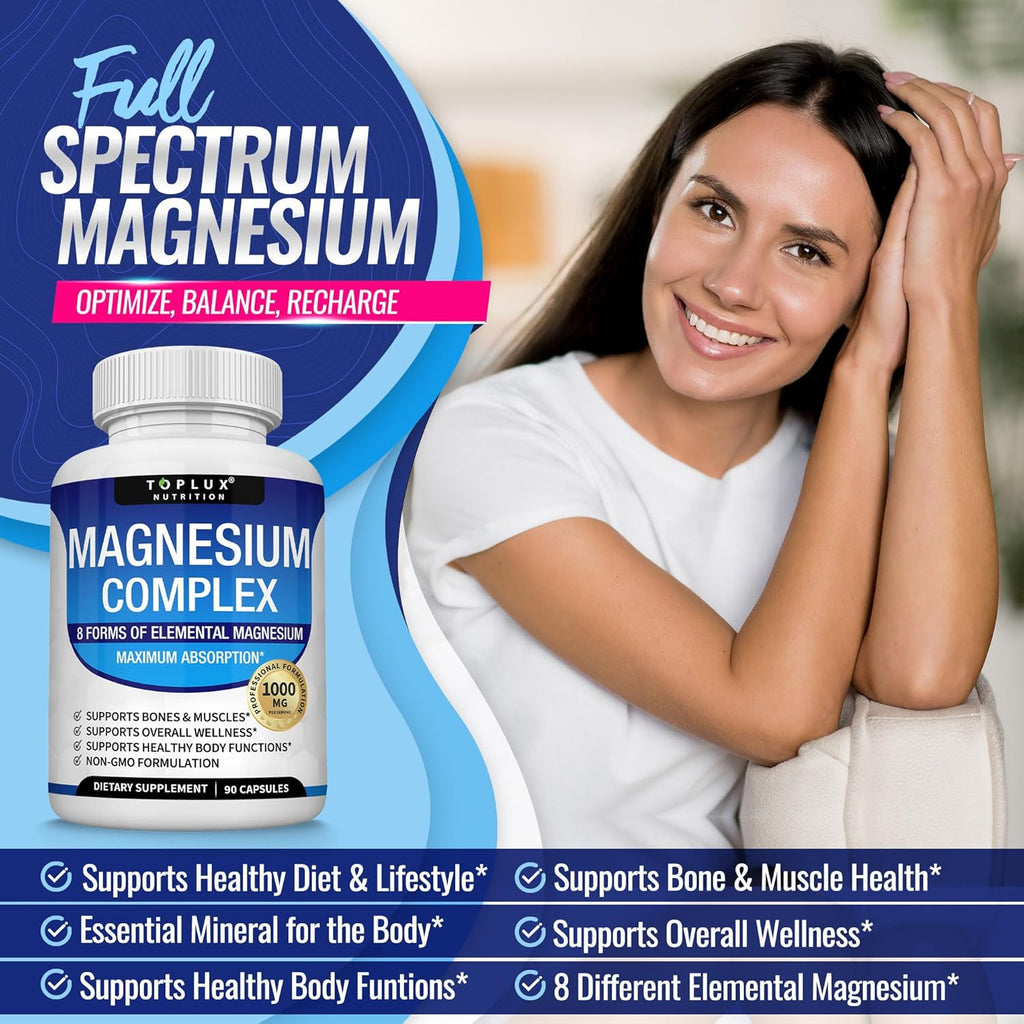 Magnesium Complex Supplement 8 Elemental 1000Mg - Magnesium Glycinate, Citrate, Malate, Taurate, Chelated for Easy Absorption for Bones, Muscle, Recovery, Energy, Vegan Non-Gmo 90 Capsules